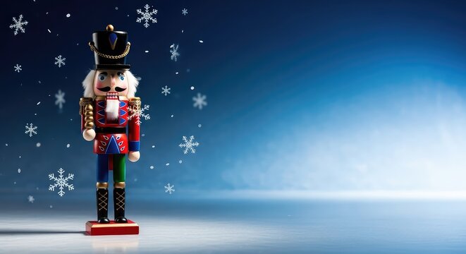 Festive holiday background featuring a traditional wooden nutcracker toy soldier with delicate snowflakes and ample copy space for text, still life, celebration, background