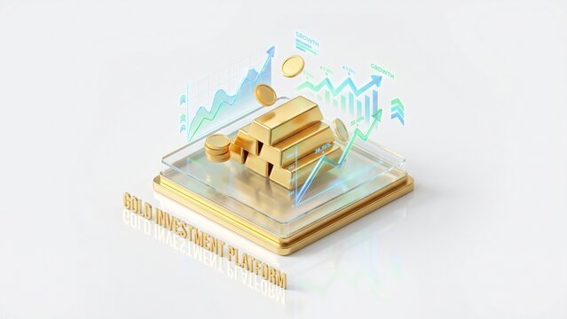Futuristic isometric gold investment render with floating coins and transparent financial graphs on a clean white background, symbolizing modern fintech and wealth growth.