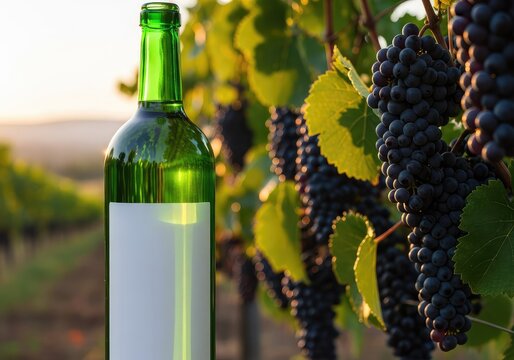 Garrafa de vidro verde elegante com r&oacute;tulo branco limpo posicionada em destaque diante de videiras carregadas sob a luz suave do entardecer, beverage, gourmet, organic