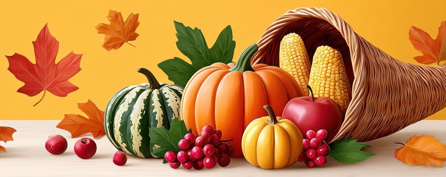 Vibrant autumn harvest scene with pumpkins, corn and cornucopia on a yellow background