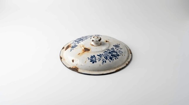 Antique enamel pot lid with blue floral pattern and rust