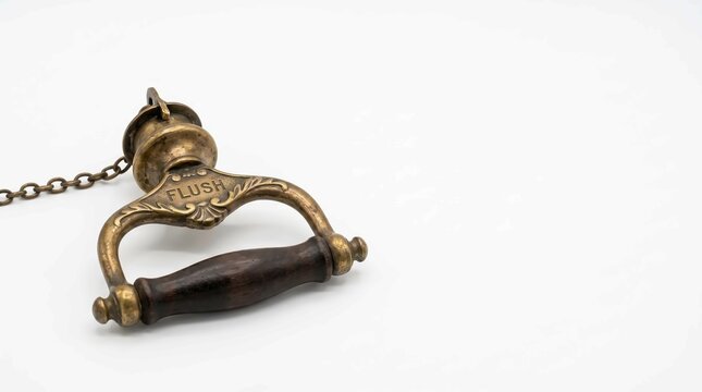 Antique brass toilet flush handle with wooden grip and chain