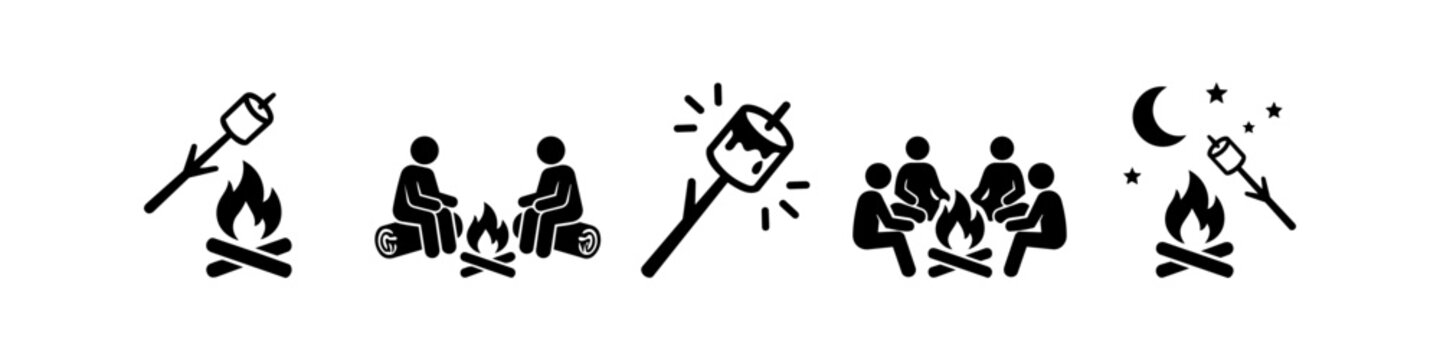 Set of minimalist black campfire icons featuring people roasting marshmallows on sticks, sitting on logs, and enjoying a bonfire under a crescent moon and stars for outdoor adventure designs.