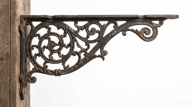 Ornate Cast Iron Bracket Attached to Wooden Post