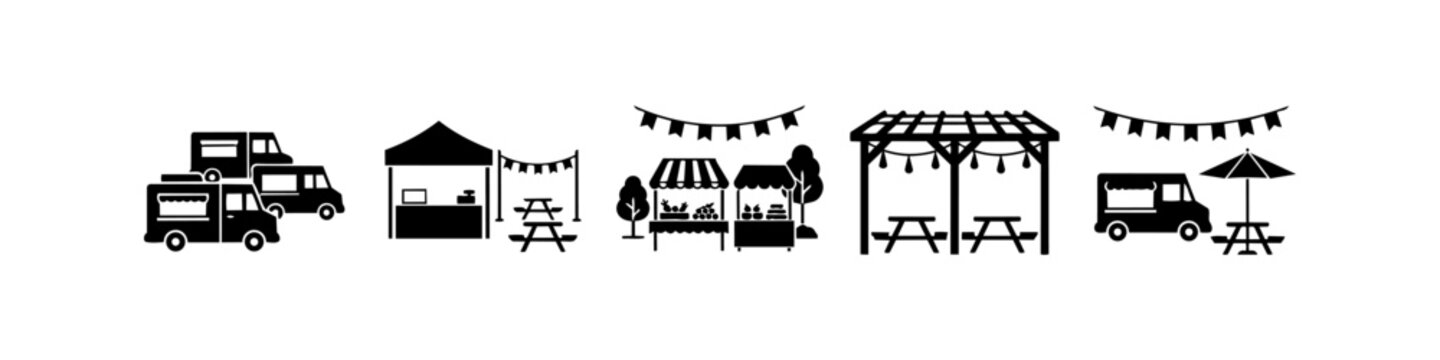 A collection of minimalist black silhouette icons for street food festivals, featuring food trucks, market stalls, picnic tables, and bunting for event planning and outdoor dining concepts.