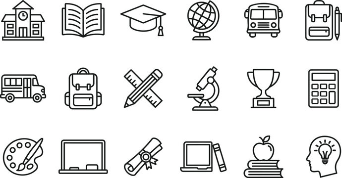 Education and Back to School Line Icon Set - Vector Schooling Symbols for Learning, Graduation, and Academic Success.