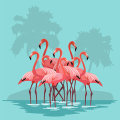 A flock of pink flamingos in the water.Color vector illustration of a flock of pink flamingos in water on a blue background with palm trees silhouette. © Инна Федорова