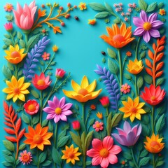 Obraz premium Bright spring garden with vibrant floral elements, green leaves. Diverse colorful flowers bloom on turquoise background. Small ladybugs crawl amongst petals, foliage, suggesting lively ecosystem.