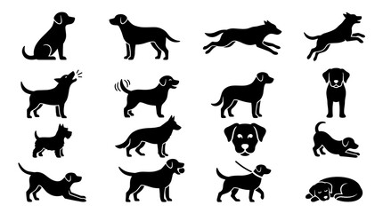 Fototapeta premium Black Silhouette Dog Pose Icon Set With Active Puppy Actions And Canine Lifestyle Symbols