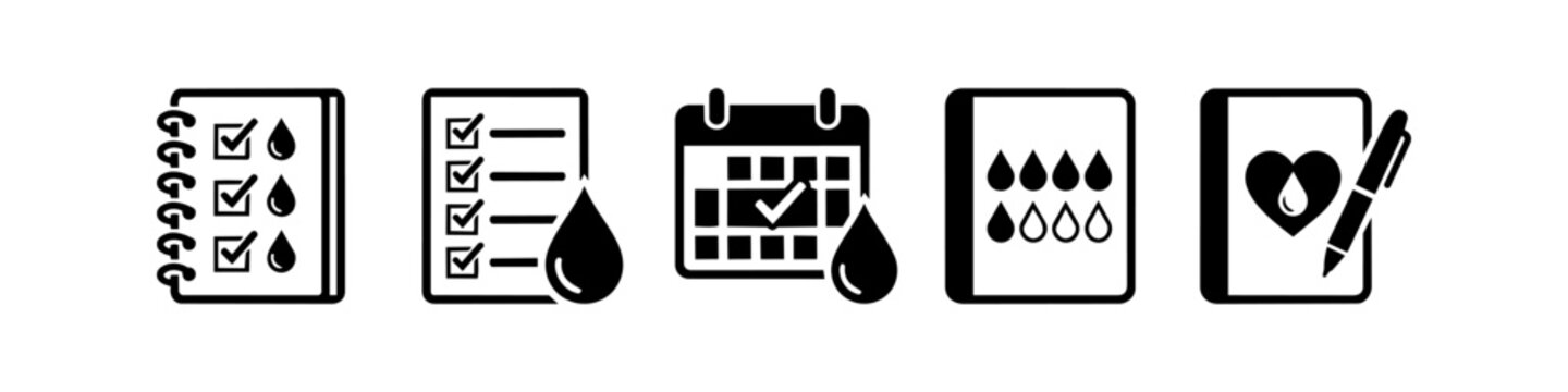 Set of black and white icons for menstrual cycle tracking and blood donation logging. Includes period tracker calendars, logs, and journals for feminine health and wellness management.