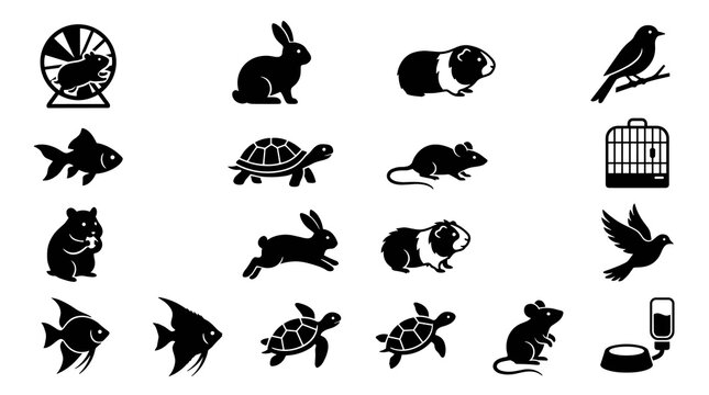 Small Pet Animal Silhouette Icon Set with Rabbits Fish Turtles Birds and Rodents in Flat Vector Style
