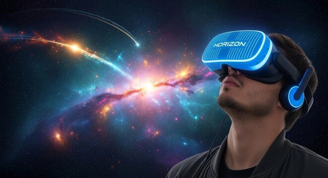 Man wearing virtual reality headset experiencing futuristic digital space environment