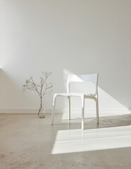 Fototapeta premium Minimalist white chair in a bright sunny room with a small plant branch.