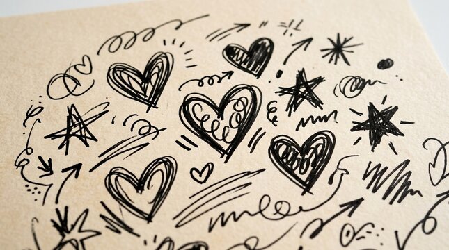 Creative black sketch doodles featuring scribble marks and handdrawn marker lines for fun graphic design, abstract heart and star