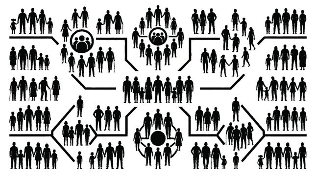 Silhouette icons of people in groups with directional arrows showing flow and movement for presentations