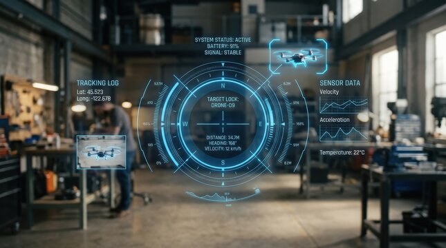 Modern blue target interface with a futuristic user interface showing real-time tracking data and augmented reality overlays. The