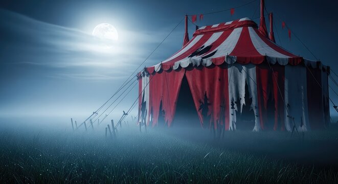 Tattered red and white circus tent sits decaying in a misty field at night under a full moon, casting eerie shadows across the tall grass, night, scary, sinister