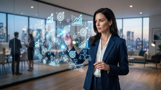 Businesswoman in a professional suit reviews performance metrics and networking nodes floating in a soft white and blue light. The