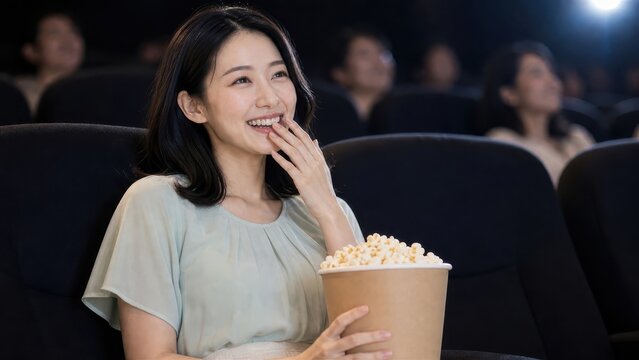 映画館の客席でポップコーンを抱え映画を見て笑う女性