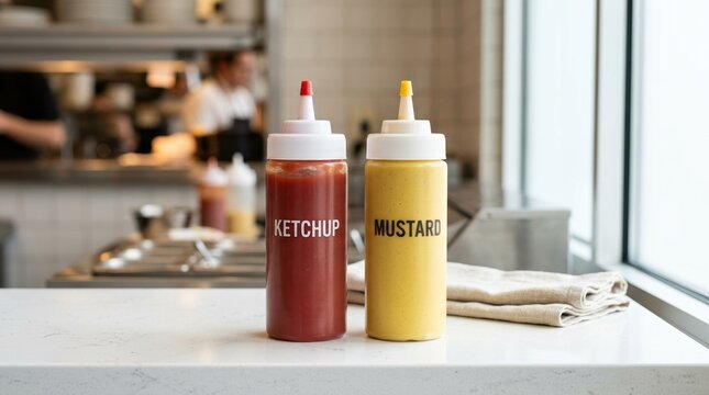 Condiment squeeze bottle set with red and yellow plastic containers for ketchup and mustard, kitchen sauce dispensers for