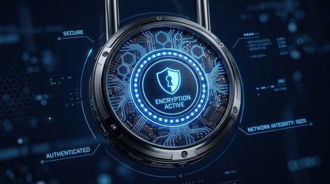 Macro view of a cyber security lock on a digital interface showing detailed circuitry and glowing blue status indicators on a dark
