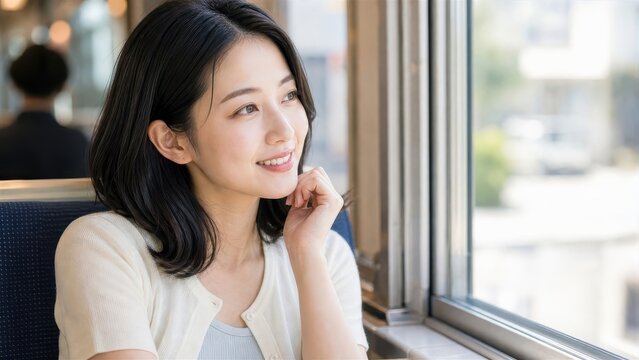 電車で映画館へ向かいながら窓の外を眺めて微笑む女性