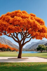 Naklejka premium Autumn tree with bright orange foliage by a calm lake and distant mountains in scenic landscape