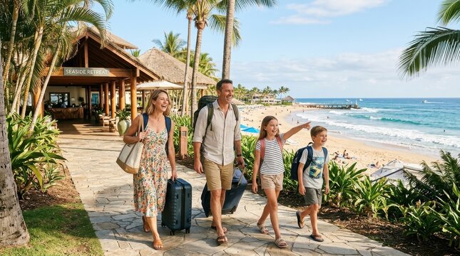 A group of four family members arriving at a beachfront resort, carrying bags and backpacks, looking at the ocean, sunny weather,