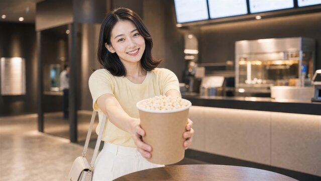 映画館のロビーでポップコーンを差し出して勧める女性