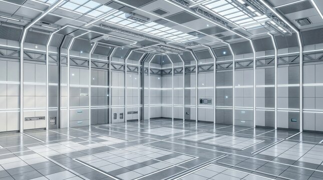 isometric perspective of a futuristic empty studio room with white and gray grid walls and integrated LED lights. The design is