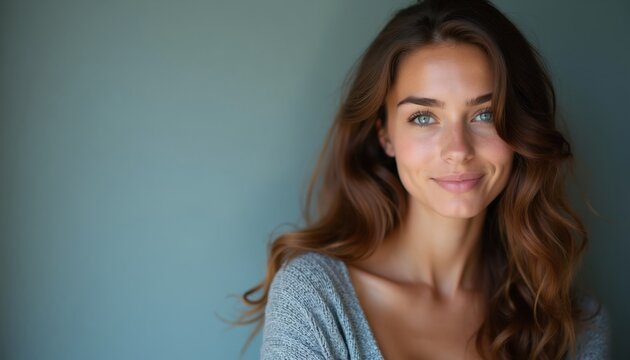Young woman with long wavy brown hair and blue eyes smiles gently. She wears a grey knit sweater, her face has dimples. Portrait style shot against a muted blue background.