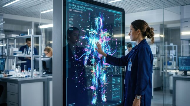 Interactive glitching human figure display featuring a vibrant burst of light and colorful pixels on a sleek glass touchscreen.