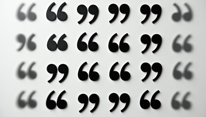 Naklejka premium Black quotation marks arranged in rows on a white background. Various punctuation symbols include opening and closing quotes. Simple text elements for citations.