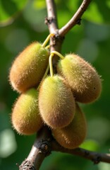 Obraz premium Five fuzzy kiwis grow on a vine branch with green leaves blurred in background. Natural organic fruit bunch ripens on plant. Healthy food produce agriculture harvest.