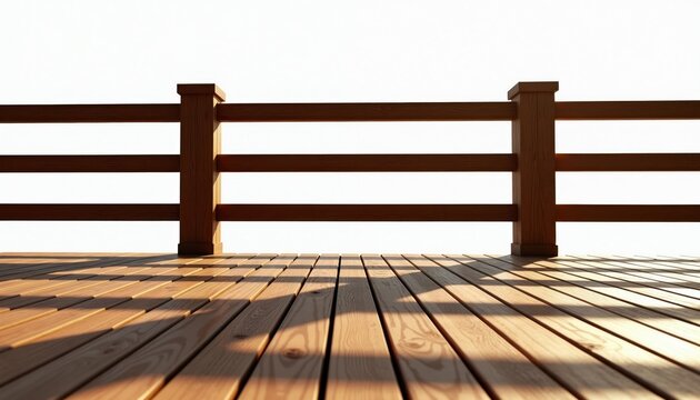 Wooden deck floor and railing against bright white background. Geometric shadows cast by railing onto wooden planks. Minimalist outdoor architectural scene with natural material.