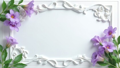 Obraz premium White ornate frame with purple flowers and green leaves. Decorative border design for invitations cards and wedding templates. Elegant floral background for romantic celebration.