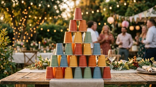 Stacked colorful plastic cups in a triangle pyramid for party game competition, festive drinkware arrangement. Warm golden hour