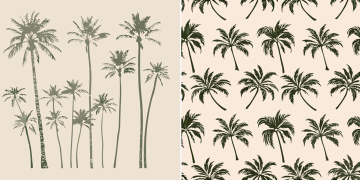 Hand drawn palm trees arrangement and seamless pattern on beige background