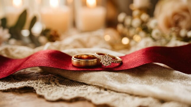 Wedding rings on a red ribbon for marriage commitment and love celebration, elegant jewelry for romance anniversary, high quality