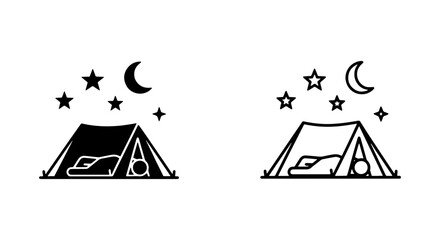 Camping tent icon, nighttime outdoor adventure, starry sky, crescent moon, vector illustration © Sultana