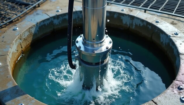 Steel submersible pump operates in clear water well. Device extracts water, showing metal construction and reliable deep water sourcing. Industrial plumbing, resource extraction.