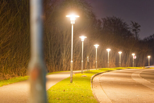 Nighttime street lamps lighting a curved road and pathway with trees in the background