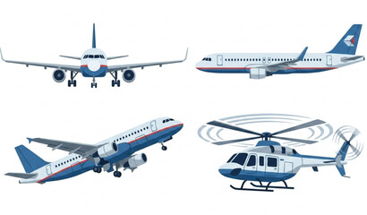 Commercial aircraft and helicopter vector set aviation transport flight angle illustration collection © Md