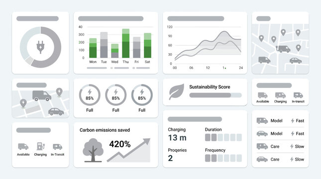 Modern digital dashboard showcasing electric vehicle charging data, sustainability scores, and carbon emissions savings with interactive charts and maps