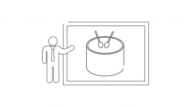 Simple Line Drawing of a Person Presenting a Drum and Drumsticks on a Whiteboard.