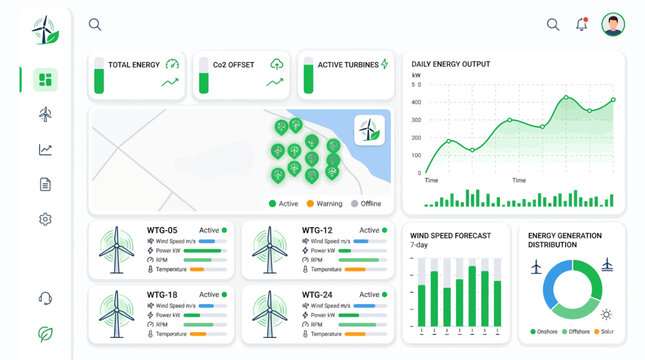 Modern smart energy dashboard UI for efficient wind turbine monitoring and renewable power generation analytics in sustainable urban environments, promoting green technology
