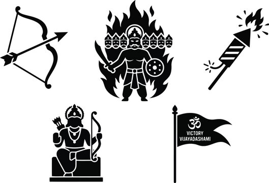 flat vector icon set of Dussehra symbols, including a bow and arrow (Ram's), a burning effigy of Ravana, a firecracker, a wooden idol, and a victory flag, simple black 