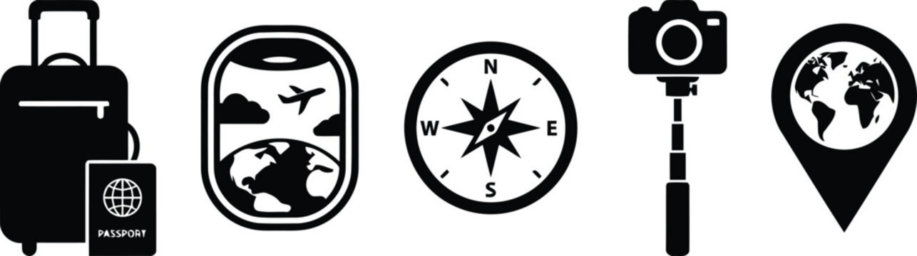 flat vector icon set of World Tourism Day symbols, including a suitcase with a passport, a airplane window with a view, a compass rose, a camera on a selfie stick, and a world map pin