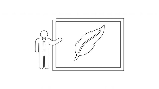 Simple Line Drawing of a Person Presenting a Feather on a Whiteboard.
