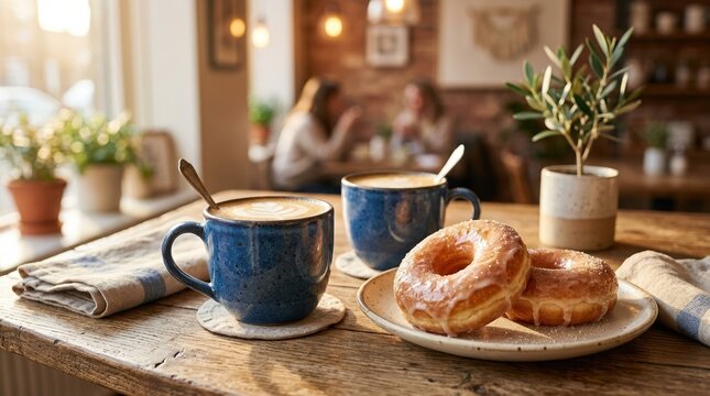 Blue coffee mugs and glazed donuts for cafe breakfast snack, sweet dessert treat beverage set. Warm golden hour lighting, soft
